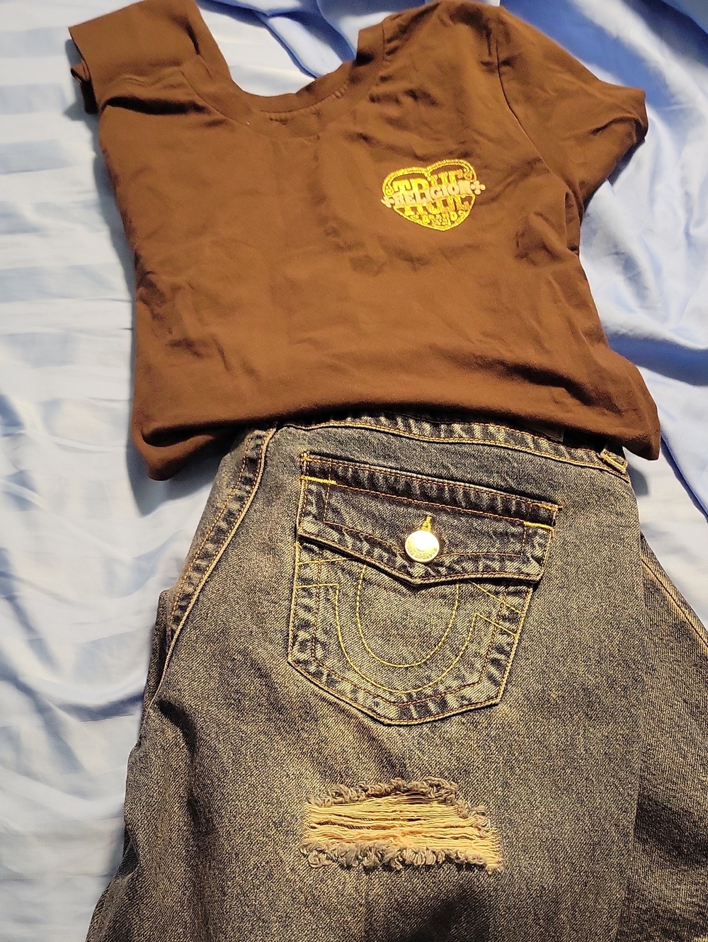 True Religion Crop Brown Tee with Yellow Heart Logo